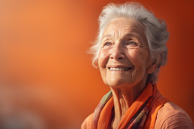 Foto mulher idosa sorri alegremente em fundo quente estilo bokeh