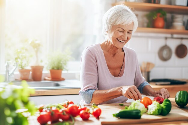 Mulher idosa sorridente cozinhando um prato de vegetais na cozinha em casa