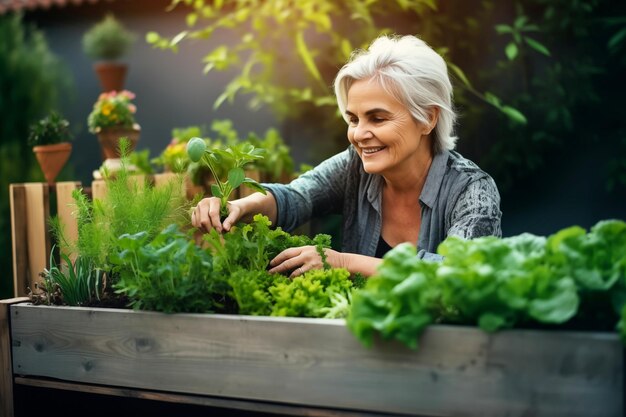 Mulher idosa sorridente desfrutando de jardinagem em exuberantes canteiros de jardim