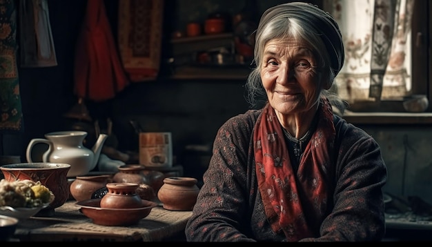 Mulher idosa sorrindo criando um lindo vaso de barro gerado por IA