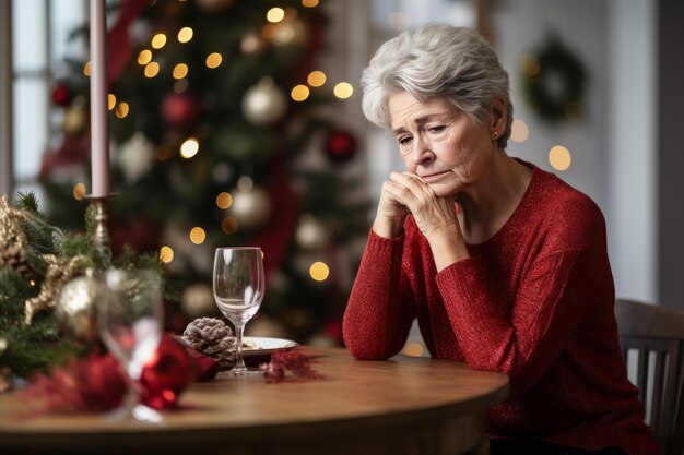 Mulher idosa triste sentada à mesa na sala de estar durante o Natal