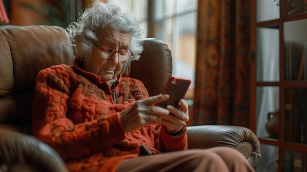 Mulher idosa usando smartphone no sofá na sala de estar