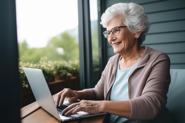 Foto mulher idosa usando um computador para se comunicar com seus parentes distantes