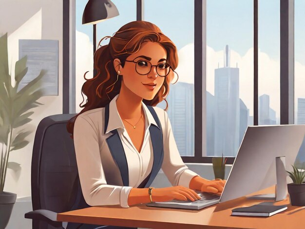 Foto mulher ilustrada sendo estagiária em uma empresa