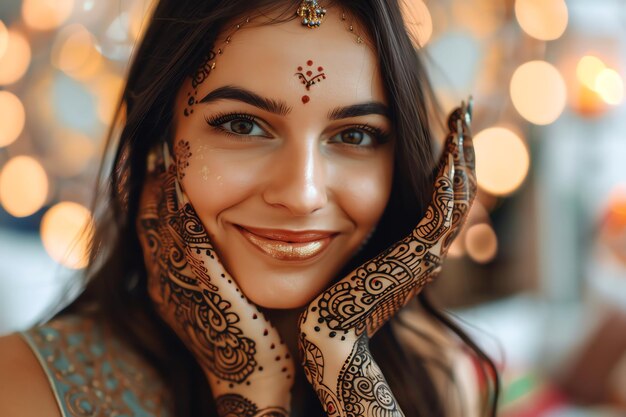 Foto mulher indiana com mehendi decorativo em suas mãos rath yatra fundo