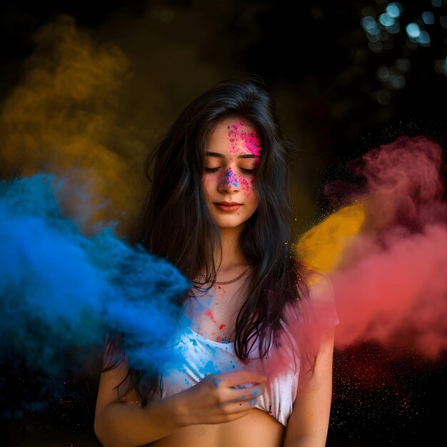 Mulher indiana com pó de cor seca Holi explodindo em torno de seu fundo Happy Holi