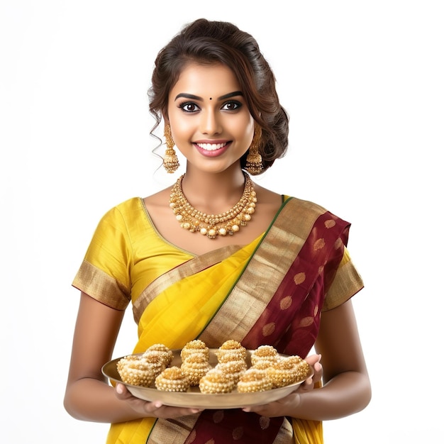 Mulher indiana com prato doce para celebrar o festival