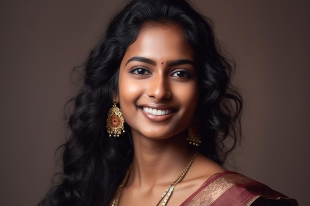 Mulher indiana e retrato em estúdio com sorriso para felicidade beleza natural ou empoderamento de pele morena