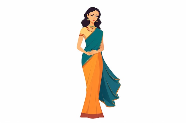 Foto mulher indiana em saree tradicional design plano vetor em fundo branco