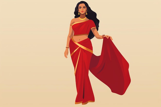 Mulher indiana em saree vermelho ilustração vetorial isolada em fundo branco design plano