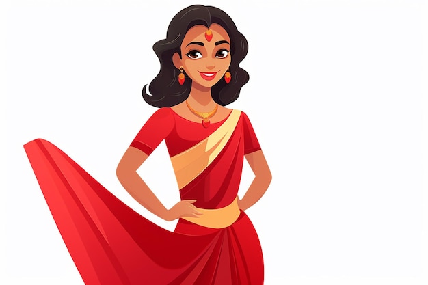 Mulher indiana em saree vermelho ilustração vetorial isolada em fundo branco design plano