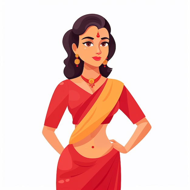 Mulher indiana em saree vermelho ilustração vetorial isolada em fundo branco design plano