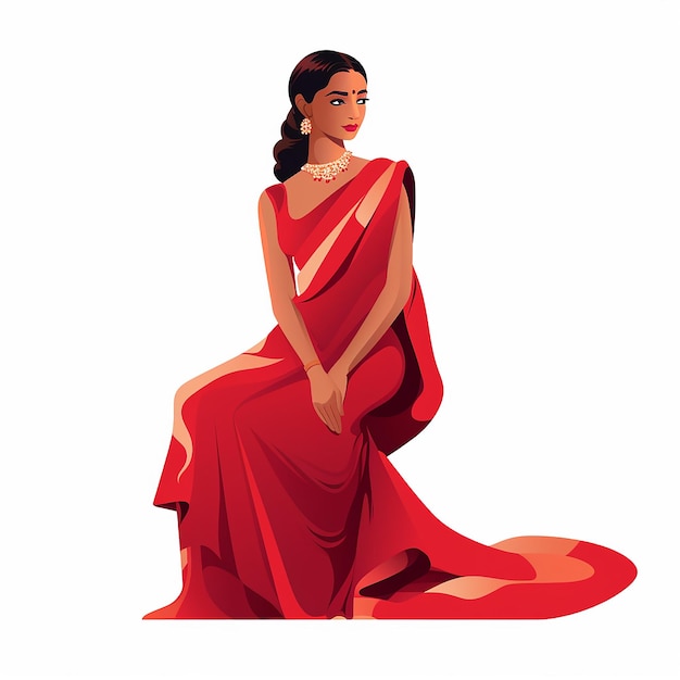 Mulher indiana em saree vermelho ilustração vetorial isolada em fundo branco design plano