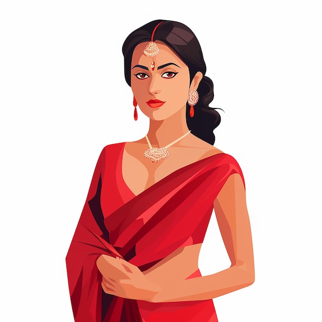 Foto mulher indiana em saree vermelho ilustração vetorial isolada em fundo branco design plano