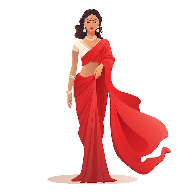 Mulher indiana em saree vermelho ilustração vetorial isolada em fundo branco design plano