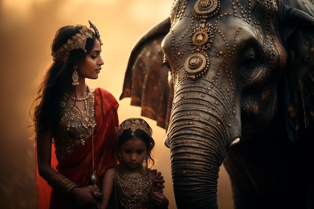 Mulher indiana em trajes tradicionais com uma criança perto de um elefante Cultura e tradições indianas AI