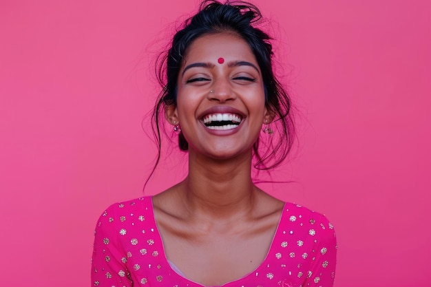 Mulher indiana feliz irradia alegria em fundo rosa