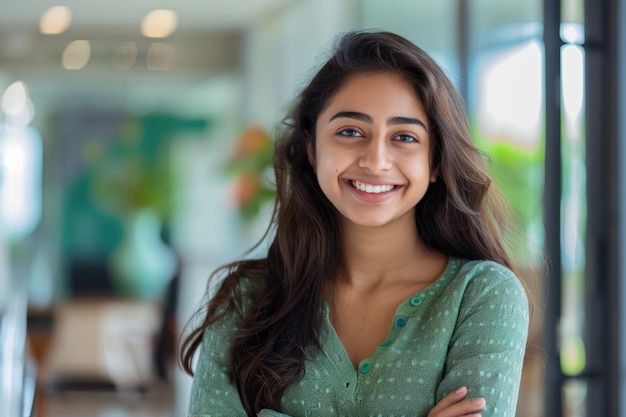 Mulher indiana feliz posando em uma casa moderna desfrutando de trabalho e educação