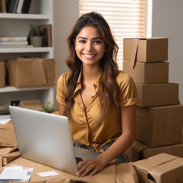 Foto mulher indiana feliz que está embalando caixas em vendas on-line conceito de trabalho com fundo