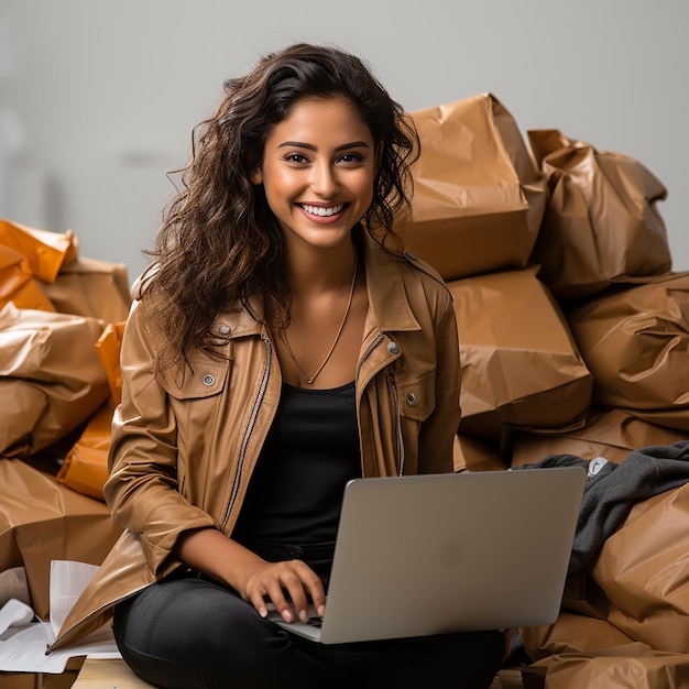 Foto mulher indiana feliz que está embalando caixas em vendas on-line conceito de trabalho com fundo