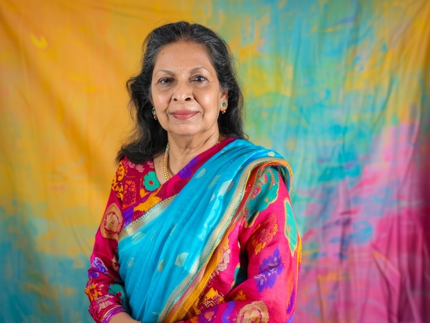 Mulher indiana madura confiante com um sorriso caloroso em um sari colorido