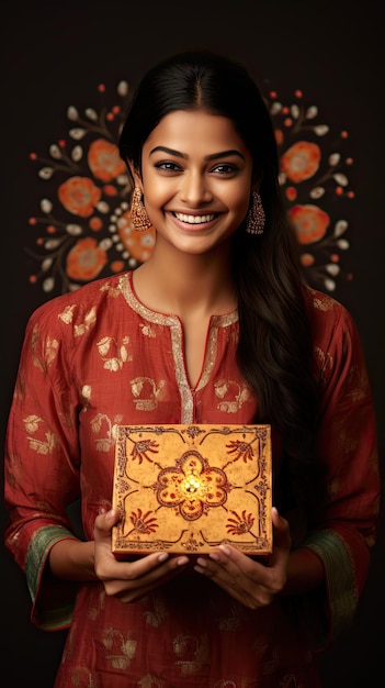 Mulher indiana segurando caixa de presente de Diwali