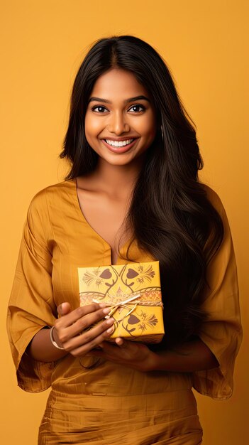 Mulher indiana segurando caixa de presente de Diwali