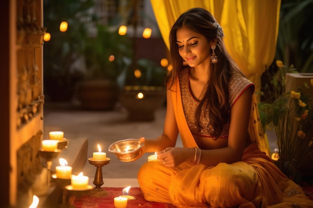 Mulher indiana segurando diya ou lâmpada de óleo na mão conceito de festival de diwali