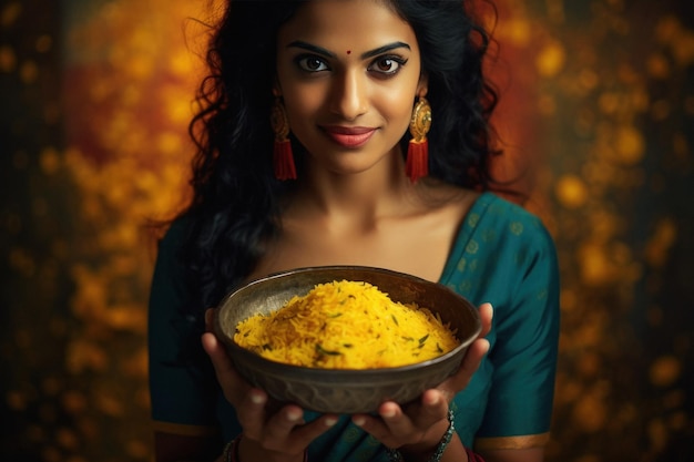 Mulher indiana segurando uma tigela de arroz na mão