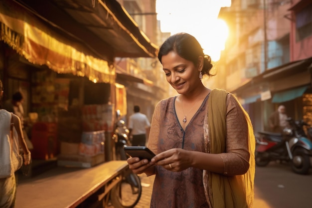 Mulher indiana usando smartphone no mercado local