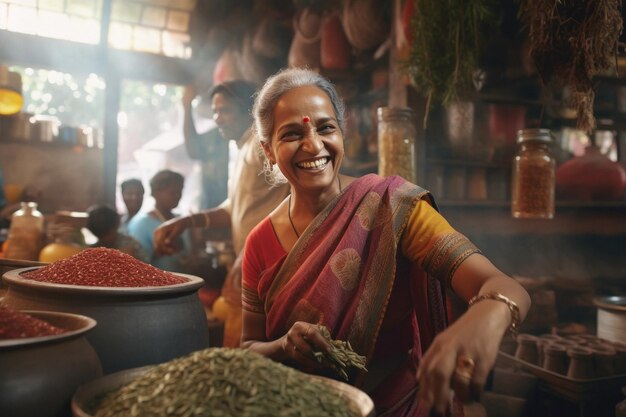 Mulher indiana vendendo especiarias no mercado local