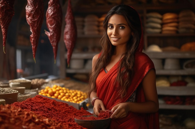 Mulher indiana vendendo legumes no mercado local de legumes