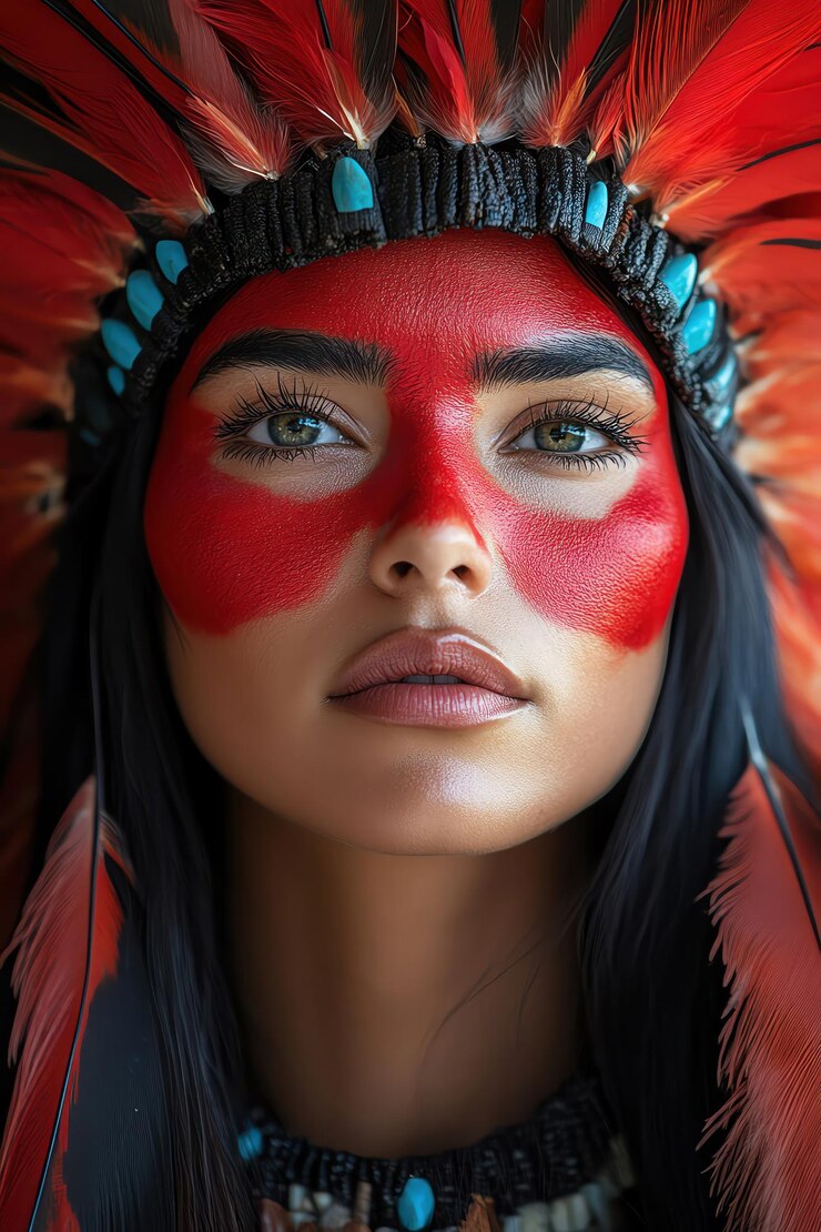 Foto mulher indígena com rosto vermelho, penas pintadas e colar tribal, expressão séria.