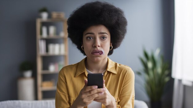 Mulher infeliz e desapontada com cabelo afro bolsas lábio inferior segura smartphone triste por perder a chance o