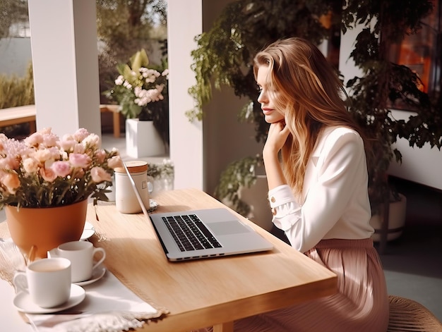 Mulher iniciando um negócio on-line, jovem europeia trabalhando com seu laptop em um escritório moderno