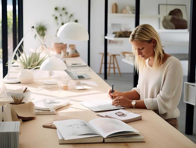 Mulher iniciando um negócio on-line, jovem europeia trabalhando com seu laptop em um escritório moderno