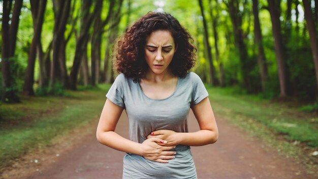 Foto mulher insatisfeita sofre de sentimentos dolorosos no estômago toca na barriga respira profundamente tem pr