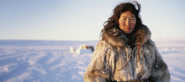 Mulher inuit em trajes tradicionais de pele no deserto do alasca