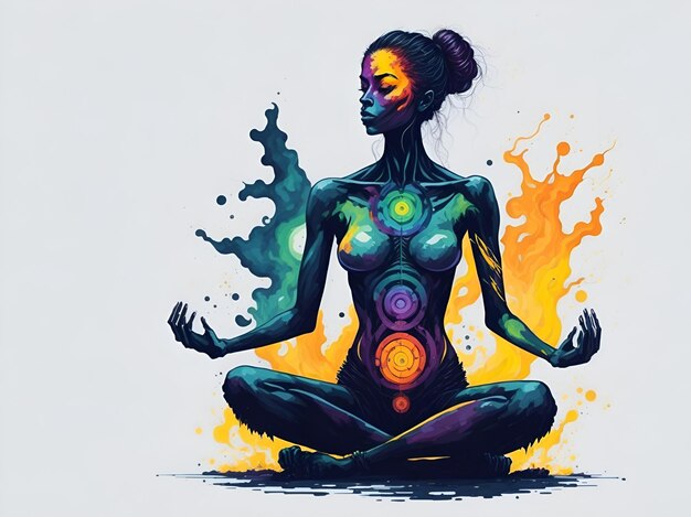 Mulher iogue meditando com as pernas cruzadas visualização concentrada de energia Chakras