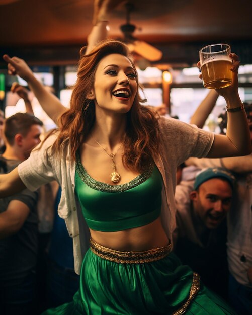Mulher irlandesa divertida no pub irlandês St Patrick's Day
