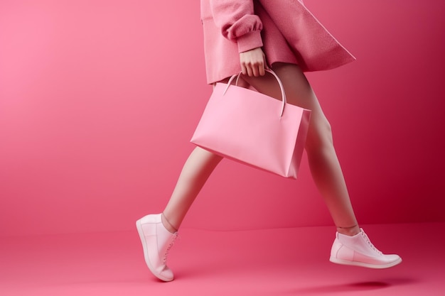 Mulher irreconhecível com sacolas de compras, movendo-se no estúdio em fundo rosa