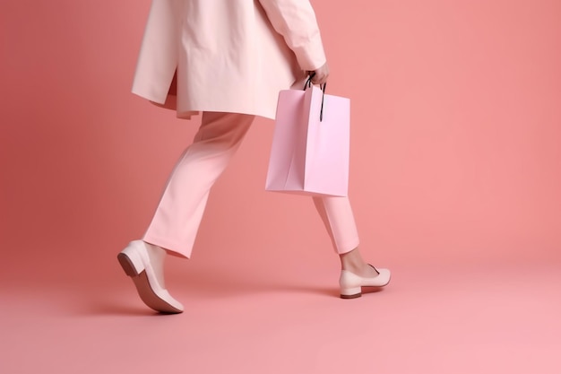 Mulher irreconhecível com sacolas de compras, movendo-se no estúdio em fundo rosa