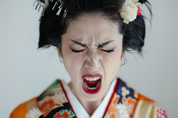 Foto mulher irritada e zangada em kimono tradicional japonês gritando e gritando enlouquecendo em branco