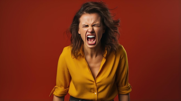 Mulher irritada grita contra um fundo vermelho