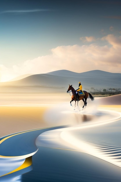 Mulher islâmica andando a cavalo no deserto com montanhas ao fundo