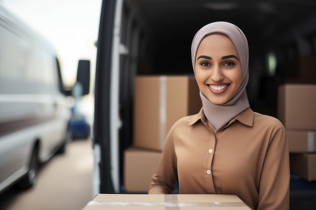 Mulher islâmica de hijab com trabalho em empresa de mudanças embalando e transportando caixas de papelão.