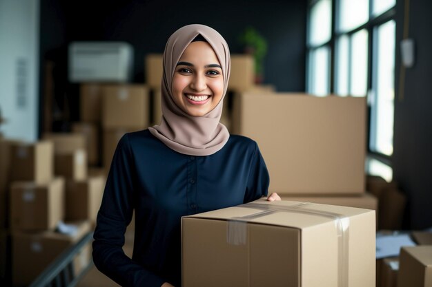 Mulher islâmica de hijab com trabalho em empresa de mudanças embalando e transportando caixas de papelão.