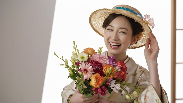 Mulher japonesa alegre com flores