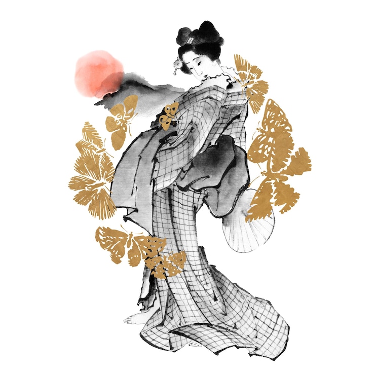 Foto mulher japonesa com borboletas