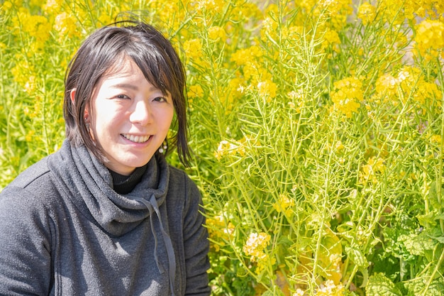 Mulher japonesa com um sorriso e campo de estupro